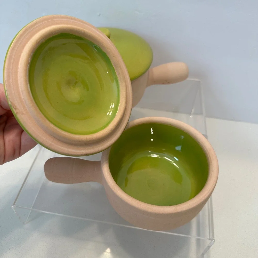 Vintage Solana‎ Ware Bergstrom & French Terracotta Lidded Soup Bowls Green Set 2